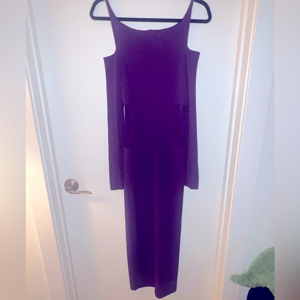 Roberto Cavalli long sleeve fitted knitted cut off shoulder and sides dress